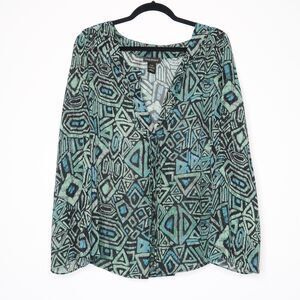 Lane Bryant Blouse Size 18/20 Open‎ Front Tie Tribal Print Sheer Metallic Blue